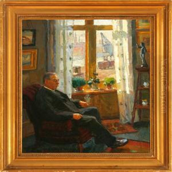 Living Room Interior With An Elderly Gentleman In A Chair by Axel Bredsdorff