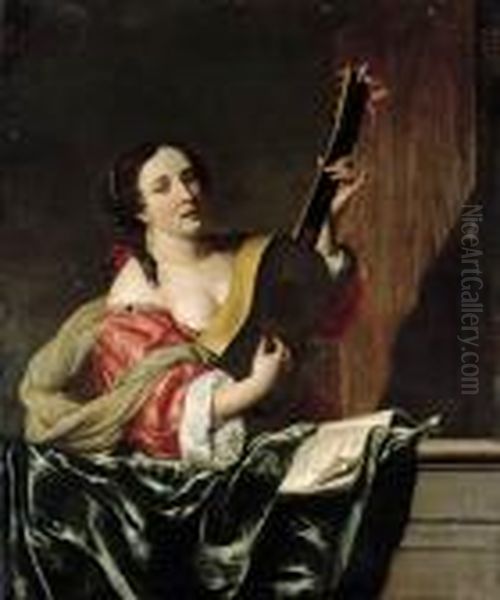 A Lady Playing A Guitar On A Balcony by Johannes Bronkhorst