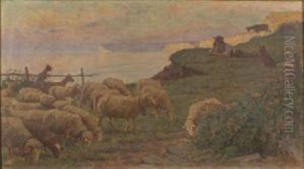 Herder With Sheep And Goats In A Cliff-side Pasture by Victor Brugairolles