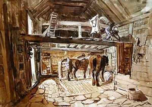 Interior of a Stable, with Two Horses Feeding by William Burgess