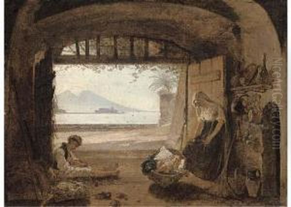 Neapolitan Fisherfolk In A Hut Before The Bay Of Naples by Franz Ludwig Catel