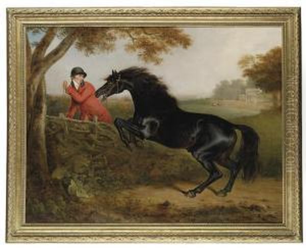 A Dark Bay Hunter Jumping A 
Fence, With A Huntsman, In The Grounds Of Spye Park, Wiltshire by Henry Bernard Chalon