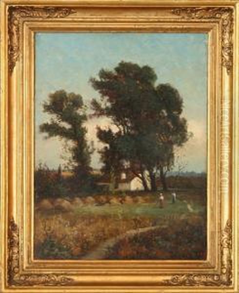 A Sunny French Landscape With Women By A House by Harry Chase