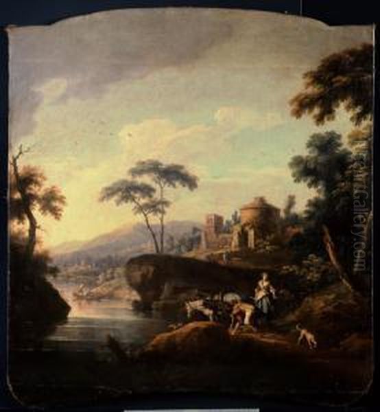 Paesaggio Fluviale Con Coppie Dicontadini In Riva by Vittorio Amedeo Cignaroli