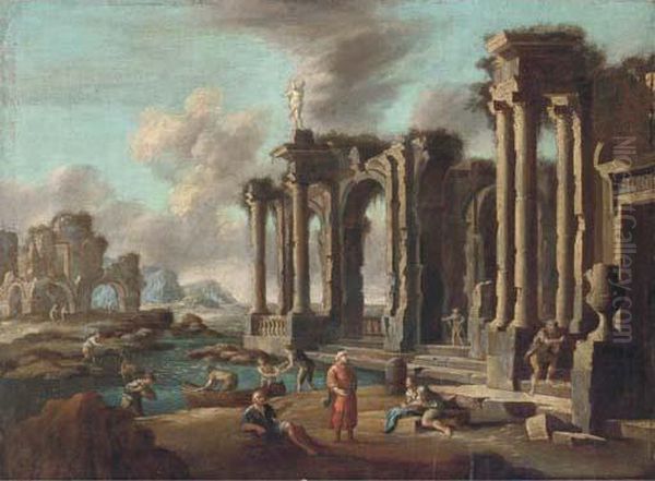 A Capriccio Of Roman Ruins With Travellers by Leonardo Coccorant