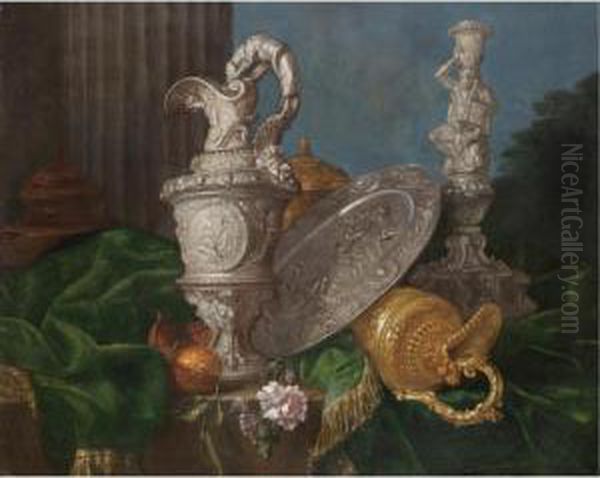 A Still Life With Elaborate 
Silver And Gold Jugs, A Silver Platter Representing The Judgement Of 
Paris, A Candlestick With Hercules And Various Fruit All Arranged On A 
Partly Draped Table by Meiffren (Ephren) Conte (Leconte)