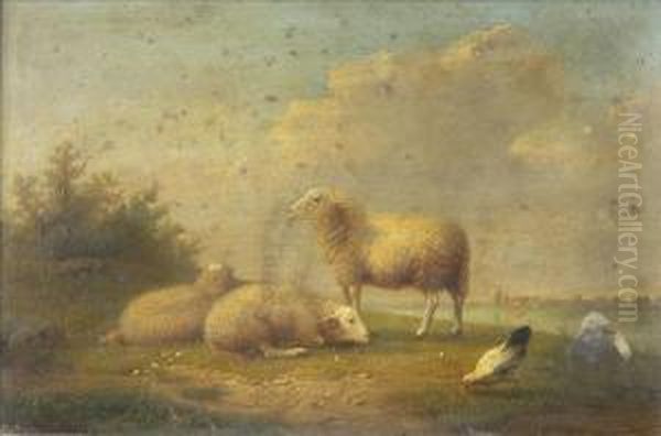 Sheep And Hen In A Landscape by Auguste Coomans