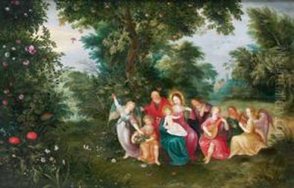 La Sacra Famiglia Con Angeli Musici In Un Paesaggio Boschivo by Cornelis de Baellieur