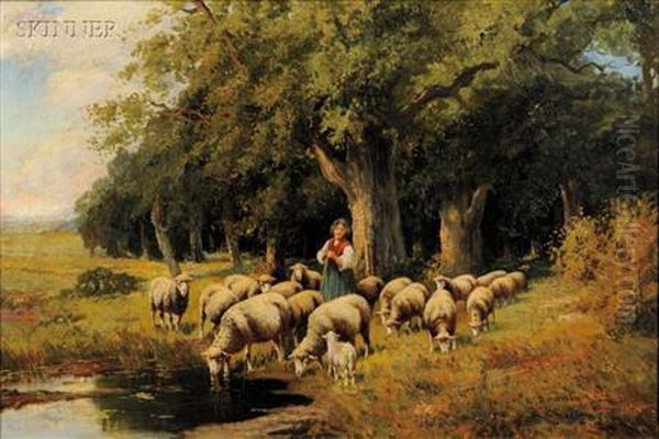 A Shepherdess And Her Flock by Leon Meuter De Brunin