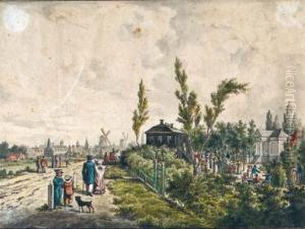 A View Of The Hogedijk With 
Elegant Company Near The Pleasuregardens At Tivoli, The Haarlemmerpoort 
And Amsterdam Beyond by Cornelis Johannes De Bruyn