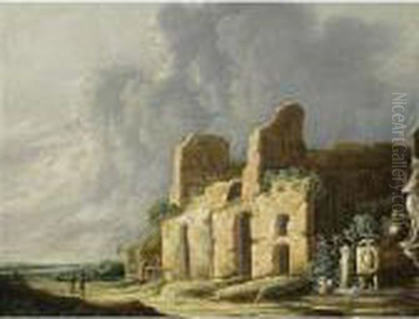 A Classical Landscape With Antique Ruins And Monuments, A Fountain On The Right by Charles-Cornelisz de Hooch