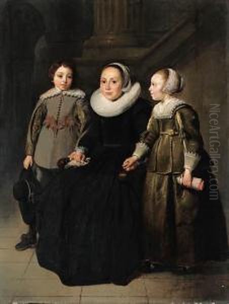 Portrait Of A Lady, Full-length 
Seated, In A Black Dress With Whiteruff And Cap, Holding A Handkerchief,
 With Her Son In A Greydoublet With Slashed Sleeves, Holding A Hat, And 
Her Daughter In Agreen Dress With White Collar And Cuffs And Embroidered
 by Thomas De Keyser