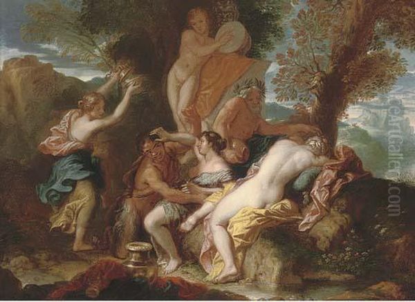 A Bacchanal In A Wooded Mountainous Landscape by Charles de Lafosse