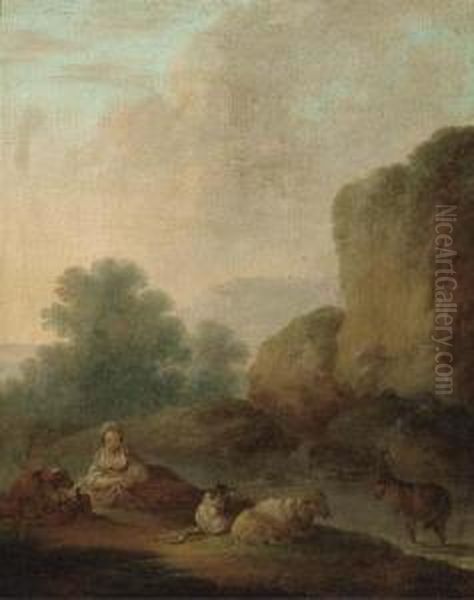 A River Landscape With A Shepherdess Resting With Her Flock by Philip Jacques de Loutherbourg