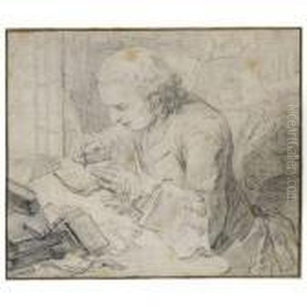 Portrait Of Michel-jean Sedaine, Writing At His Desk by Gabriel De Saint Aubin