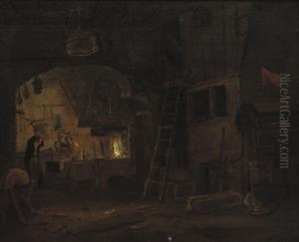 The Interior Of A Blacksmith by Cornelius Decker