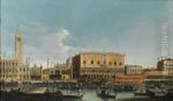 The Bucintoro At The Molo, 
Venice; And The Grand Canal, Venice, Looking Towards The Rialto Bridge by Apollonio Domenichini