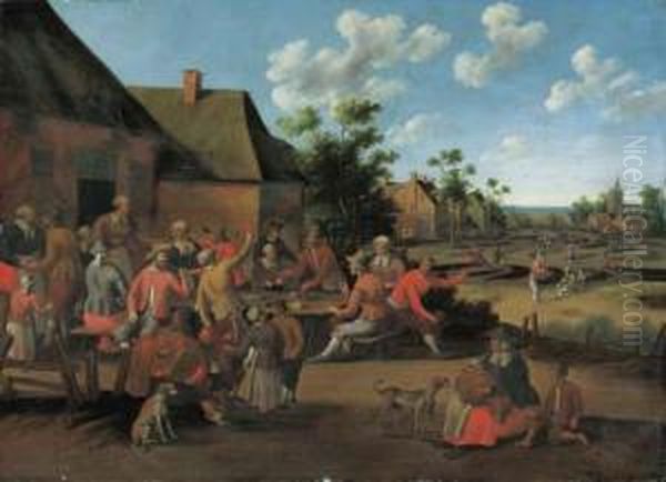 Peasants Feasting Outside An Inn In A Village by Cornelius Droochsloot