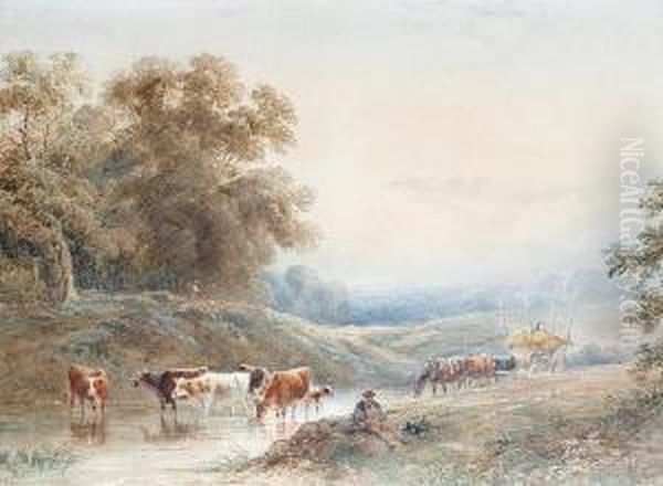 Cattle Watering In A Summer Landscape by Henry Earp