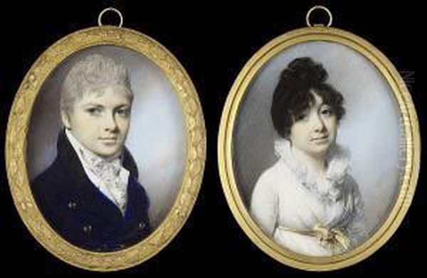 A Pair Of Portraits Of Mr And 
Mrs Flint: He, Wearing Blue Coat With Black Velvet Collar, White 
Waistcoat, Tied Stock And Frilled Cravat; She, Wearng White Dress With 
Frilled Collar And Yellow Ribbon Waistband Tied In A Bow At The Front by George Engleheart