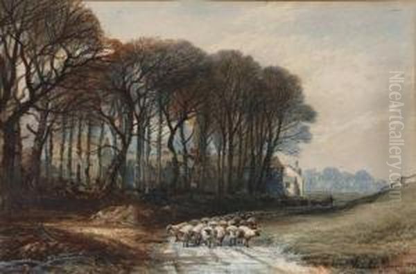 A Shepherd Herding Sheep And 
Cattle Down A Country Lane With Farmbuildings In The Distance by Bernard Walter Evans