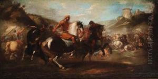 A Cavalry Battle Between Christians And Turks Near A Fort by Anielo Falcone