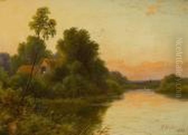 Cottage In A River Landscape by Robert Robin Fenson