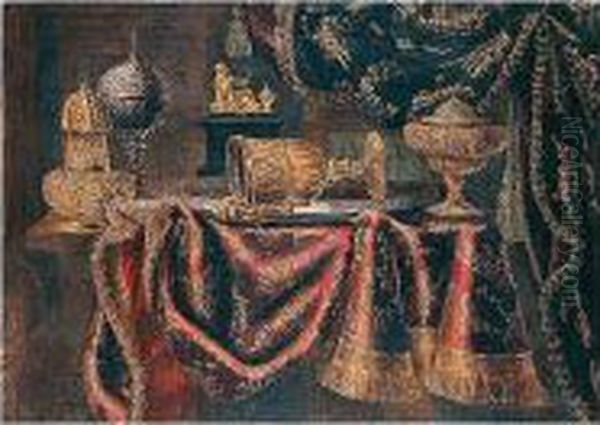 Still Life Of Silver Vessels 
Including A Ewer And Basin Upon A Table Draped With A Carpet by Francesco (Il Maltese) Fieravino