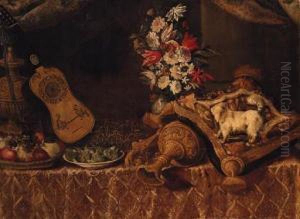 A Dog On A Cushion With An 
Upturned Ornamental Gilt Jug, A Bowl Offigs, A Basket Of Fruit, A 
Guitar, An Urn And A Vase Of Flowers Ona Draped Table by Francesco (Il Maltese) Fieravino