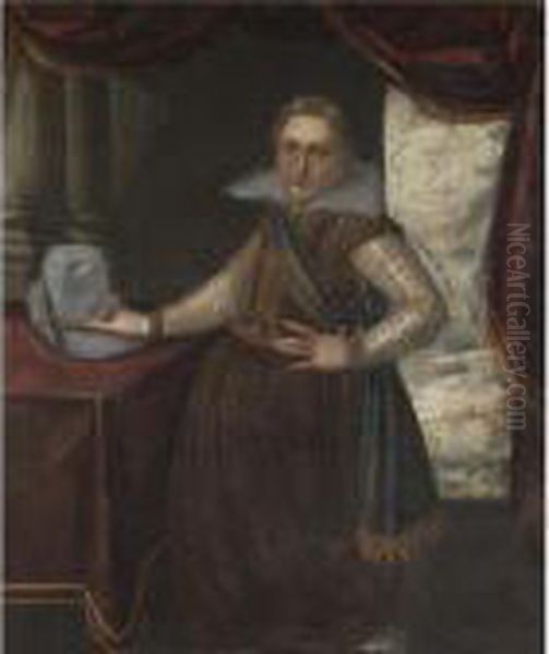 Portrait Of A Gentleman, 
Three-quarter Length, Standing By A Table In An Interior And Wearing A 
Richly Embroidered Costume by Lavinia Fontana