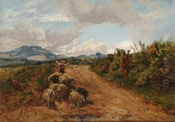 Shepherd And His Flock On A Country Track by Alexander Jnr. Fraser