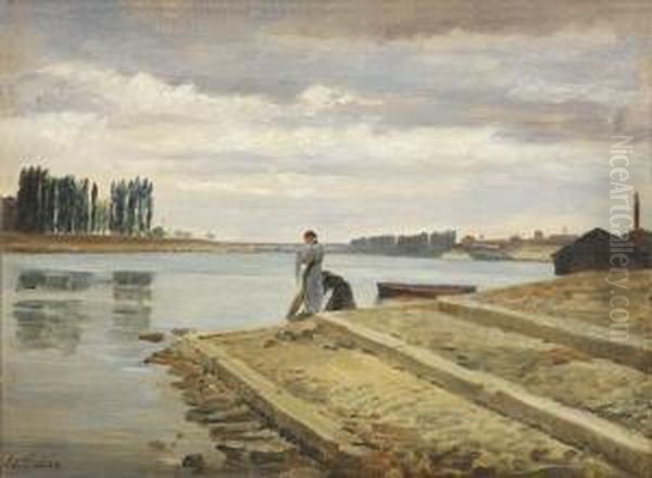 Lavandieres Au Bord De La Riviere by Edouard Frere