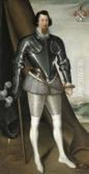 Portrait Of Sir John Needham, 
Full-length, In Half-armour With Agrey Doublet And Hose, A Sword On His 
Left And A Lance In His Righthand, With A Plumed Helmet Beside Him, 
Beside An Open Tent In Amountainous Landscape by Marcus Ii Gerards