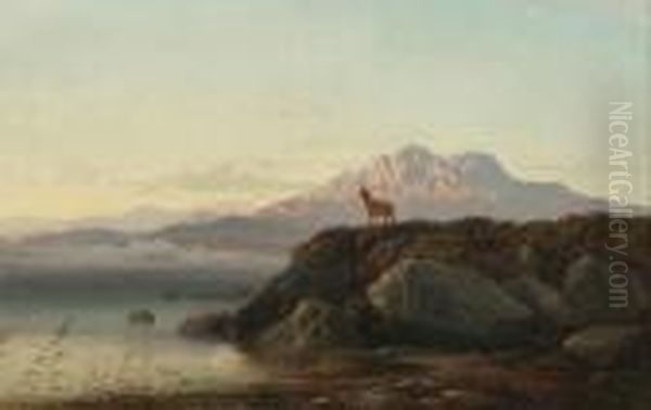 Highland Scene With Deer By A Loch by Arthur Gilbert