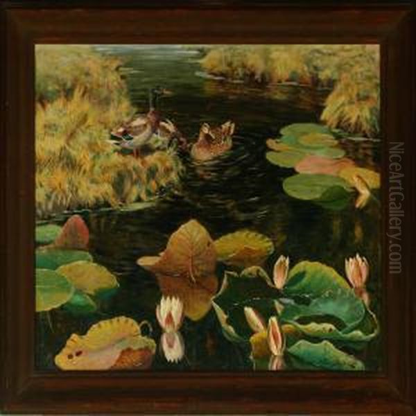 Ducks In A Stream Of Newly Sprouted Waterlilies by William Gislander