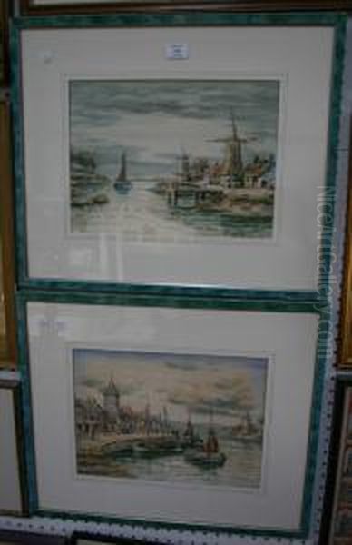 View Of A Dutch Harbour With Figures On Thequayside Near Moored Boats by John Hamilton Glass