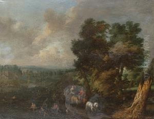 A Wooded River Landscape With 
Travellers In A Coach Passing Fishermen Hauling In Their Catch by Abraham Govaerts