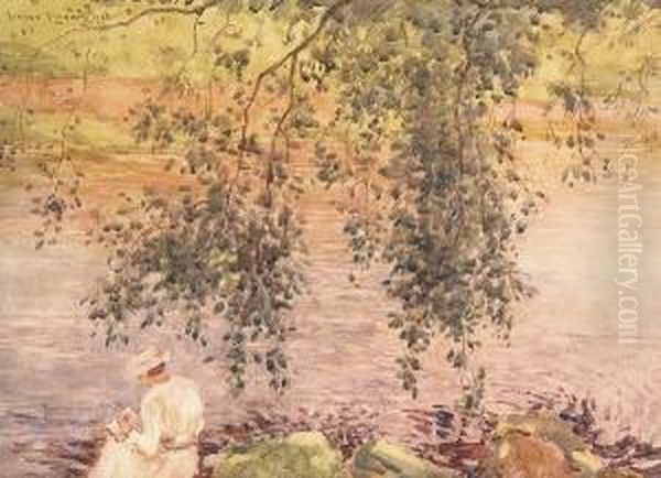 A Lady Reading By A River On A Summer's Day by George Ii Graham