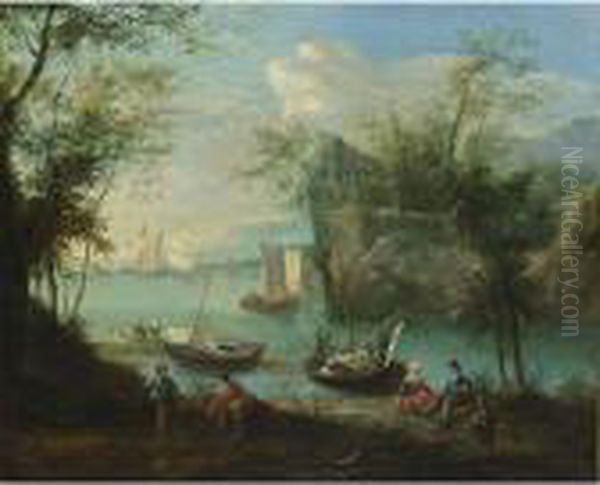 A Wooded River Landscape With 
Sailing Boats And Fishermen With Their Nets In The Foreground by Robert Griffier