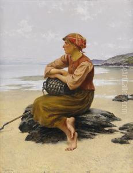 Sittande Ostronplockerska Pa Stranden. by August Wilhelm Nikolaus Hagborg