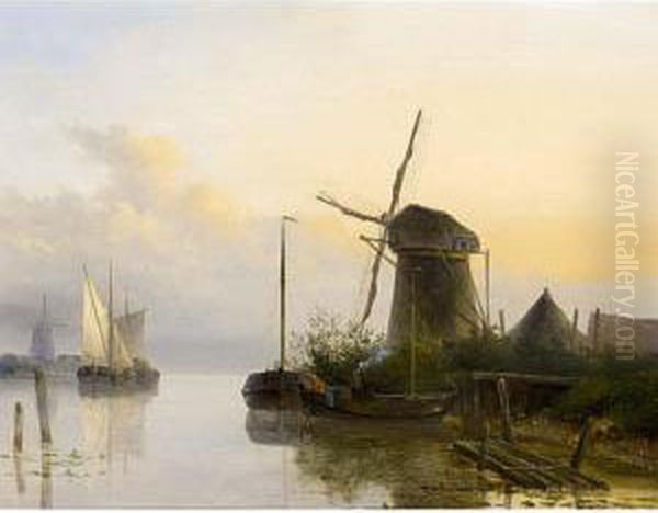 A Riverlandscape At Sunset by Josephus Gerardus Hans