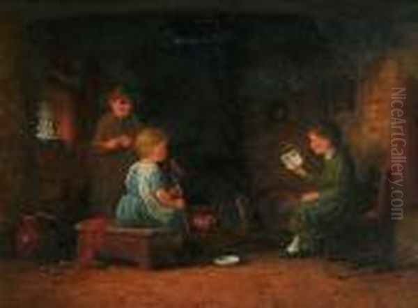 Cottage Interior With Children Seated Beside A Fire Place by Frederick Daniel Hardy