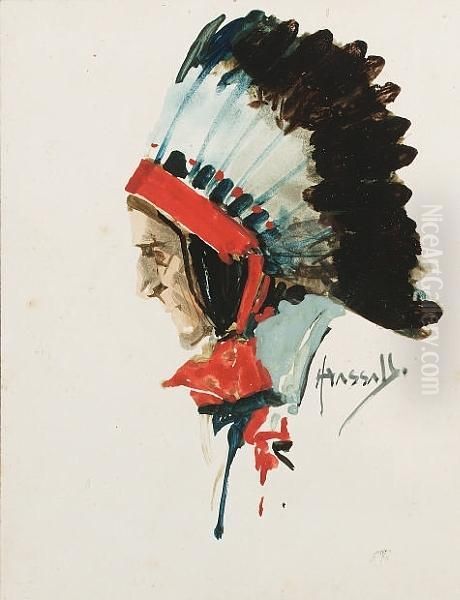 A Study Of A Native American Wearing A Feathered Headdress by John Hassall