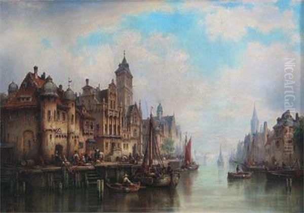 A View Of A Harbour In The Hague by Ludwig Herrmann