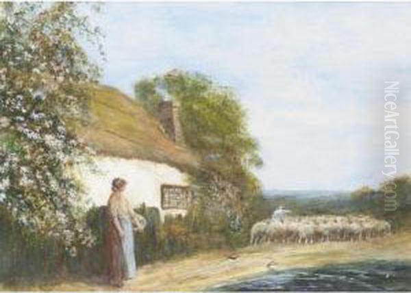 A Girl By A Cottage With A Shepherd And Sheep Beyond by Fred Hines