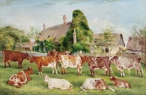 Shorthorn Cattle In A Landscape With Farm Buildings Beyond by Edwin Frederick Holt