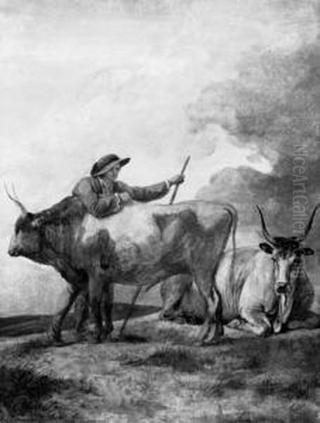 A Peasant With A Cow And A Bull In An Extensive Landscape by Jean-Pierr Houel