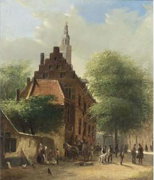 Figures In A Dutch Town by Johannes Frederik Hulk, Snr.