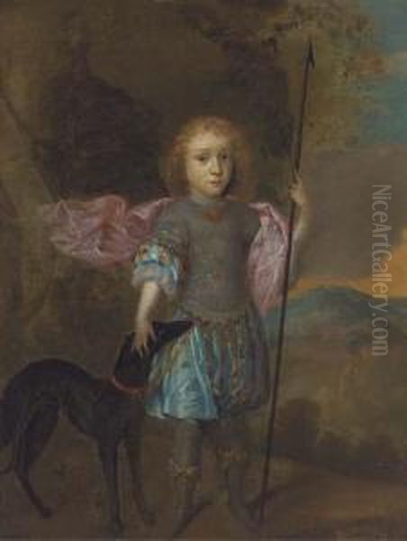 Portrait Of A Boy, Full-length, 
Holding A Spear With A Dog By Hisside, A Landscape Beyond by Hans Hysing