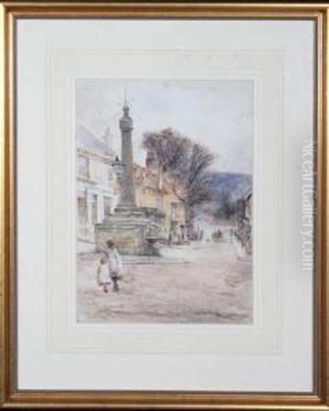 Guisborough Market Square With Two Small Girls In The Foreground by Robert Jobling